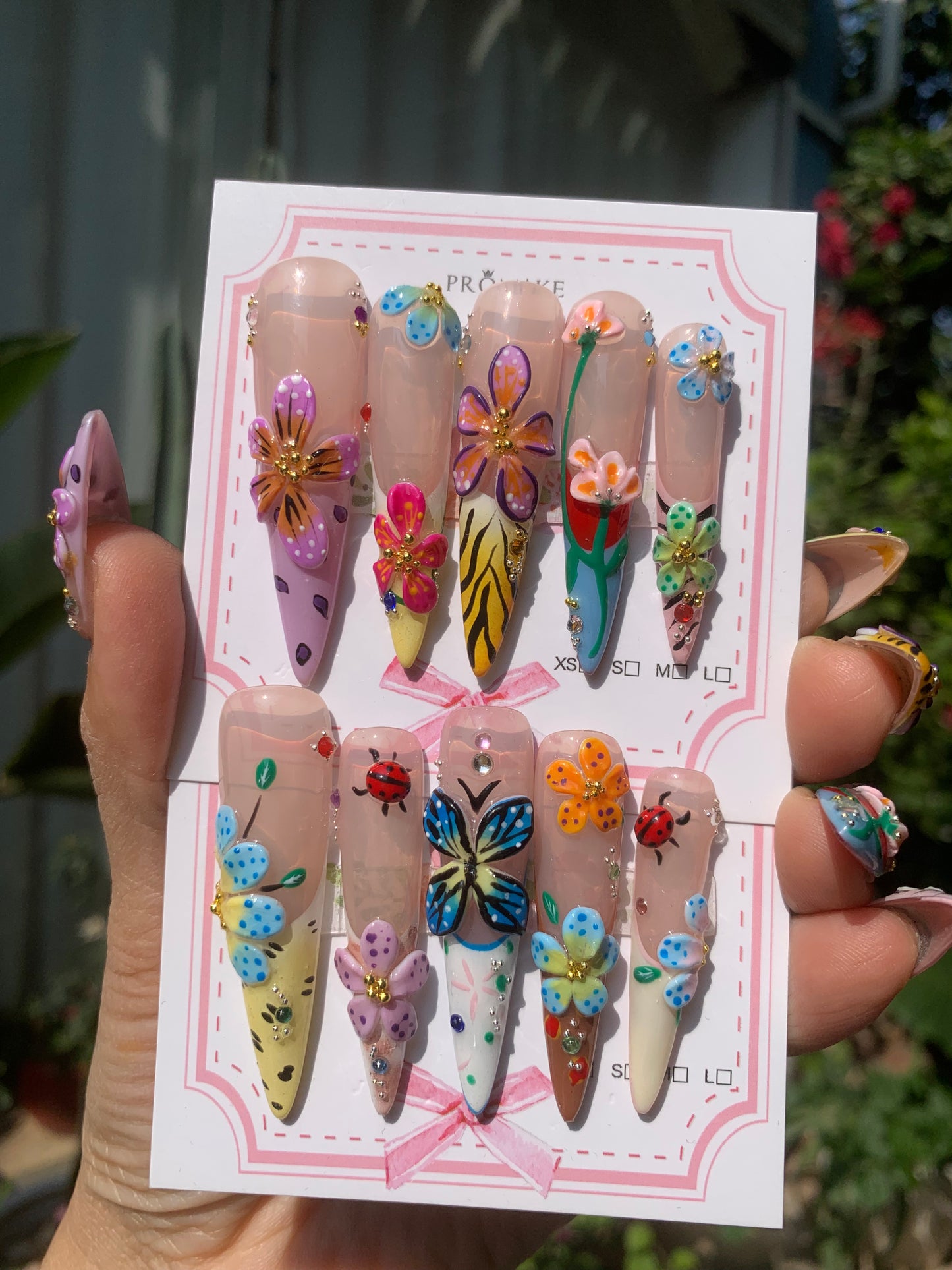 Spring Symphony(Inspired by elements of butterflies, ladybugs, and flowers, giving it a lively and natural feel.) Handmade Press-On Nails - Spring Collection, Floral Butterfly Design, Reusable 3D False Nails, 10 PCS with Glue