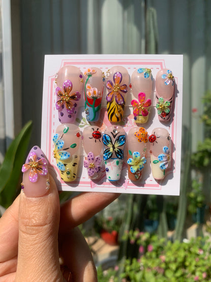 Spring Symphony(Inspired by elements of butterflies, ladybugs, and flowers, giving it a lively and natural feel.) Handmade Press-On Nails - Spring Collection, Floral Butterfly Design, Reusable 3D False Nails, 10 PCS with Glue