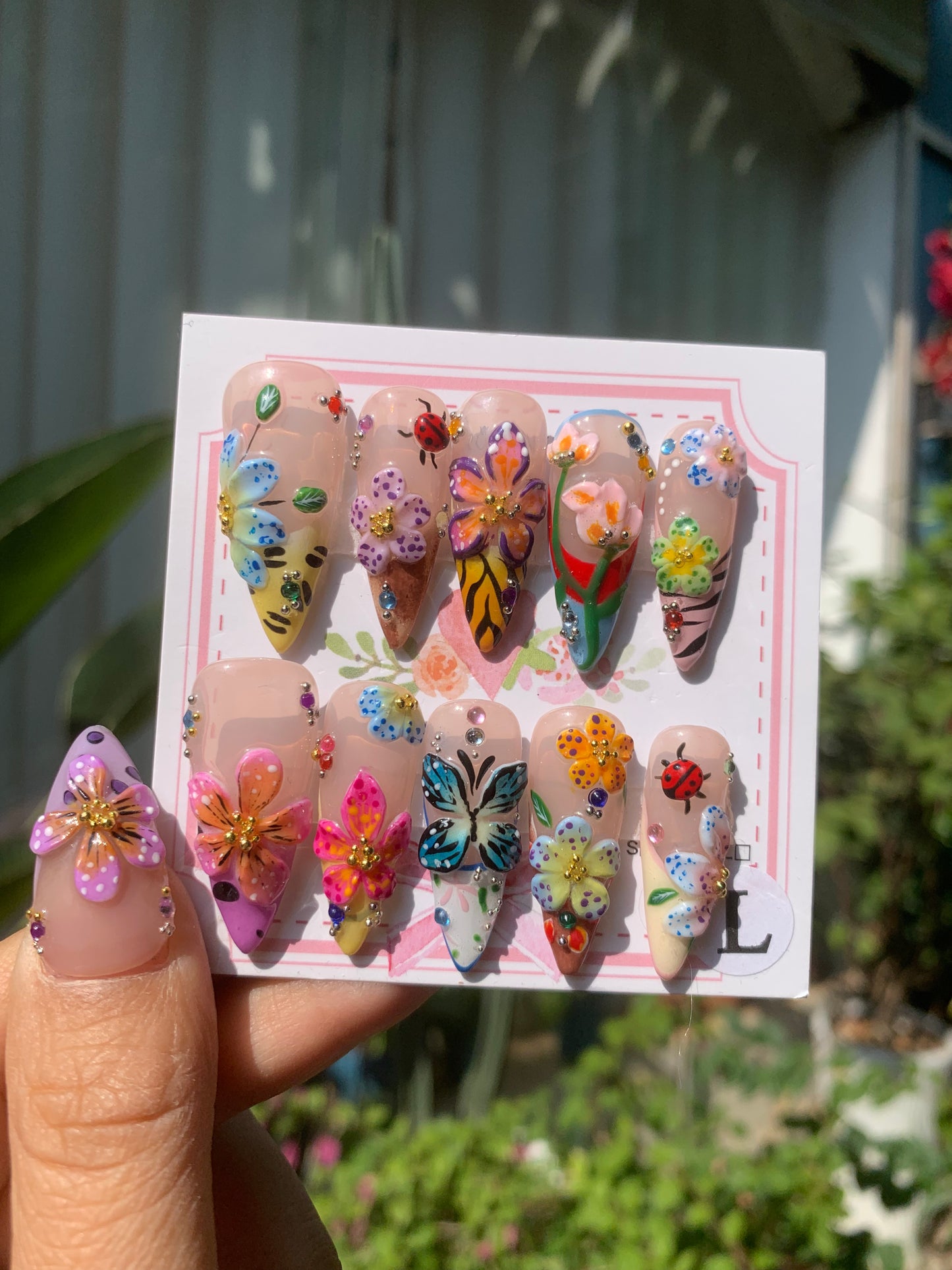 Spring Symphony(Inspired by elements of butterflies, ladybugs, and flowers, giving it a lively and natural feel.) Handmade Press-On Nails - Spring Collection, Floral Butterfly Design, Reusable 3D False Nails, 10 PCS with Glue