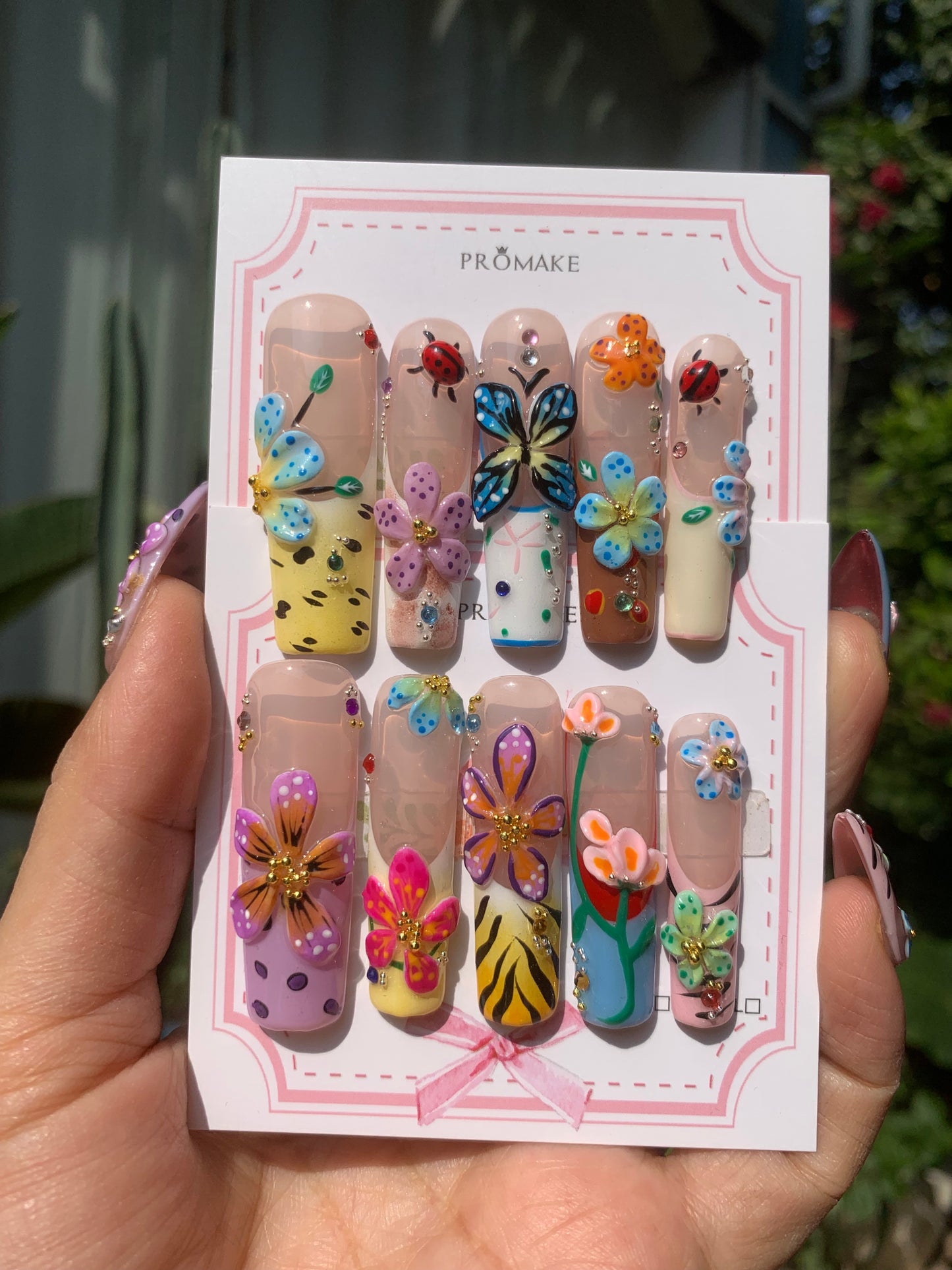 Spring Symphony(Inspired by elements of butterflies, ladybugs, and flowers, giving it a lively and natural feel.) Handmade Press-On Nails - Spring Collection, Floral Butterfly Design, Reusable 3D False Nails, 10 PCS with Glue