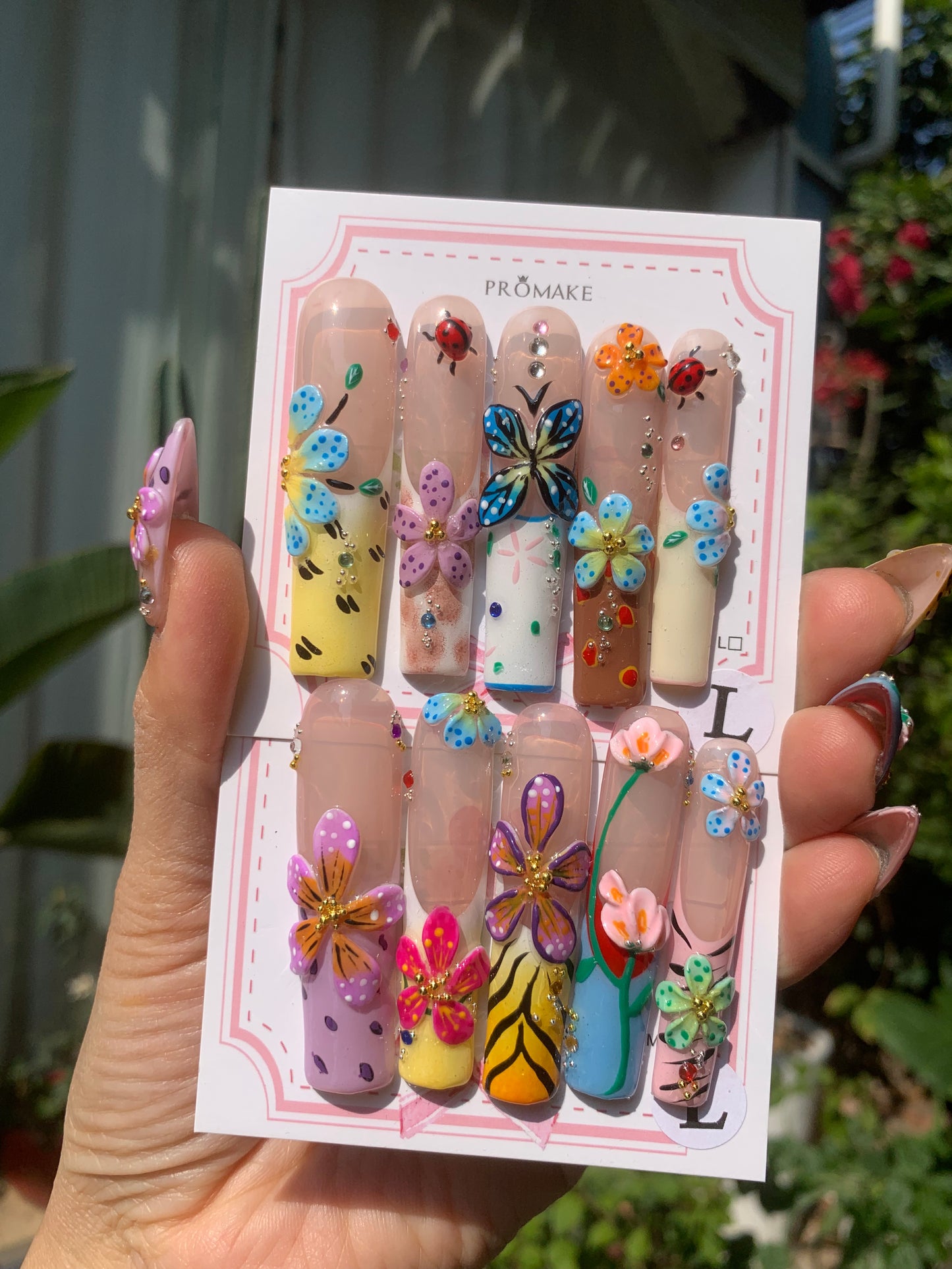 Spring Symphony(Inspired by elements of butterflies, ladybugs, and flowers, giving it a lively and natural feel.) Handmade Press-On Nails - Spring Collection, Floral Butterfly Design, Reusable 3D False Nails, 10 PCS with Glue