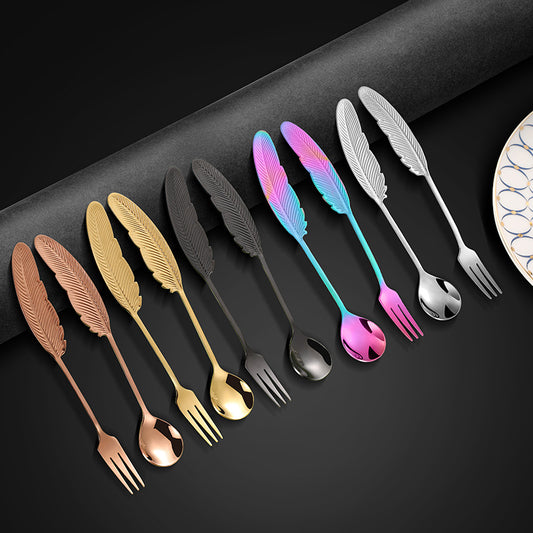 Promake® Source Manufacturer Feather Spoon Fork 304 Stainless Steel Creative Stirring Coffee Spoon Dessert Fork Cute Fruit Fork Wholesale