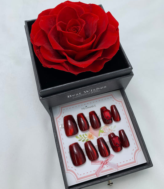 Promake® Luxury Handmade Press On Nails with Roses Preserved Flower Gift Box