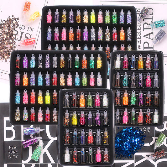 Promake® New Nail Beauty Sequins 48 Colors Small Glass Bottle Set Glitter 24 Colors Mixed Shell Mermaid Pink Cross-Border 12 Grid